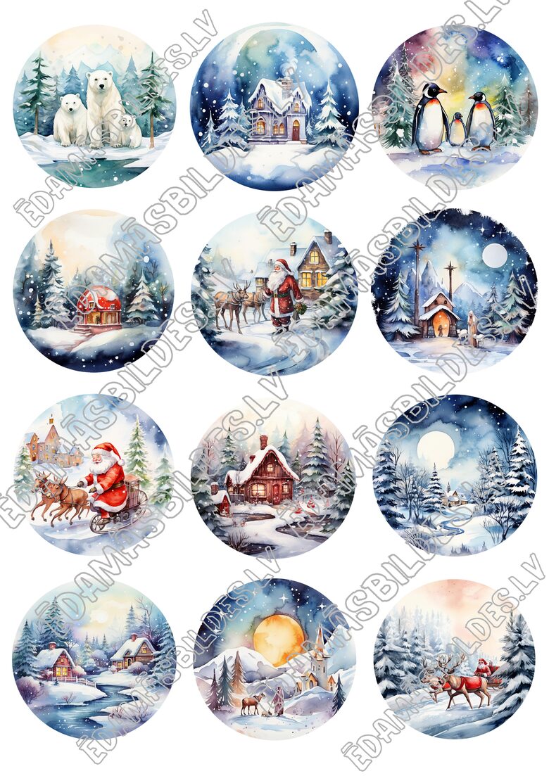 Cukura papīrs ar apdruku "Ziemassvētki Nr 3",  aplīši 6 cm